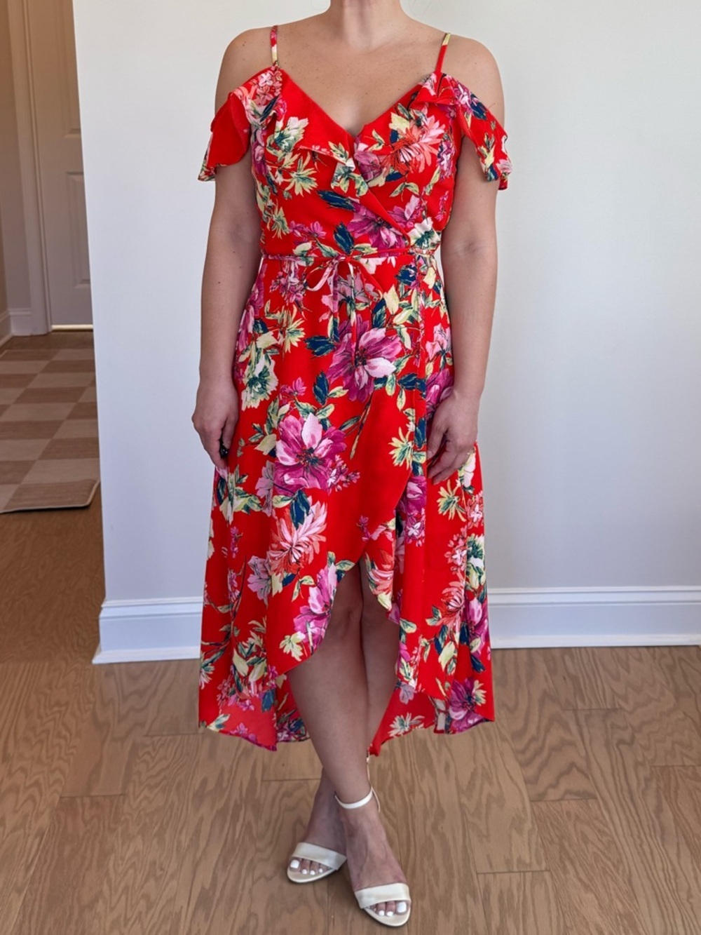 I.N. San Francisco Bright Red Floral Faux Wrap Flowy Dress Small NWT - Picture 4 of 11